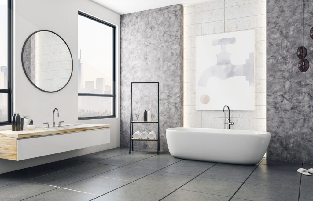 Salle de bain moderne avec baignoire et double vasque